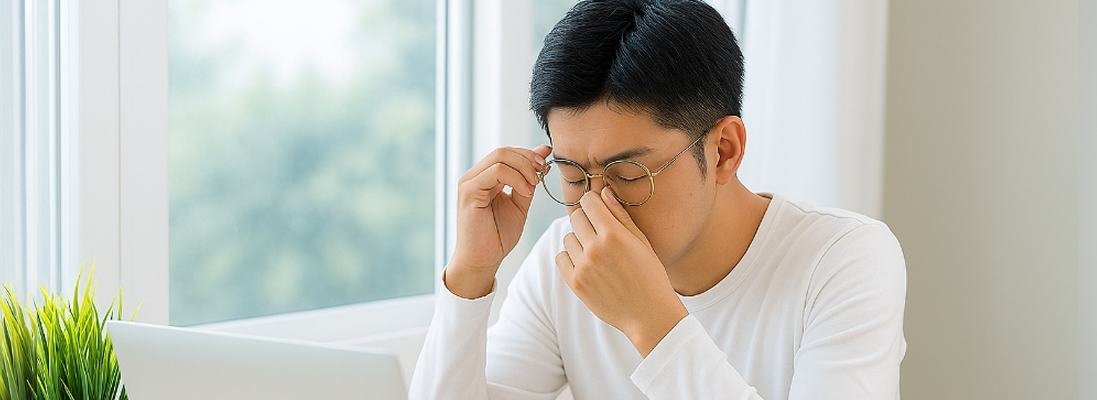 疲れにより目頭を抑える女性の写真